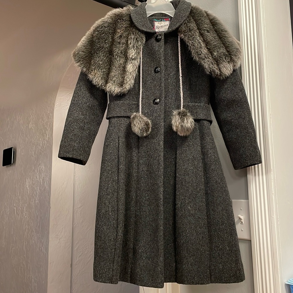 Rothschild Charcoal Wool Princess Coat Fur Cape Trim Pom Pom